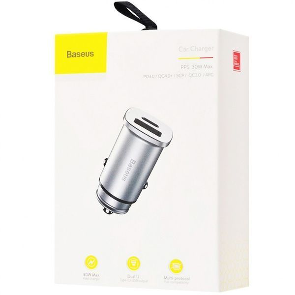 Автомобильное зарядное устройство Baseus Square Metal PD 3.0 Quick Charge 4.0 + 30W USB + Type-C Silver 47301