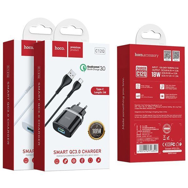 Мережевий зарядний пристрій Hoco C12Q Smart Quick Charge 3.0 + кабель Type-C 1USB / 3A Black 47046