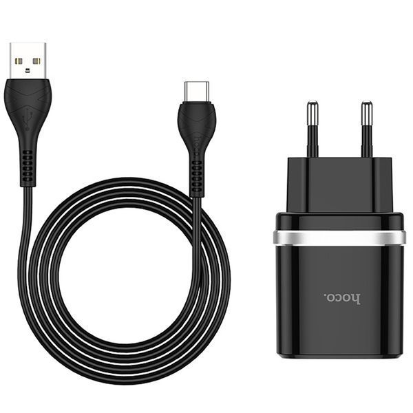 Мережевий зарядний пристрій Hoco C12Q Smart Quick Charge 3.0 + кабель Type-C 1USB / 3A Black 47046