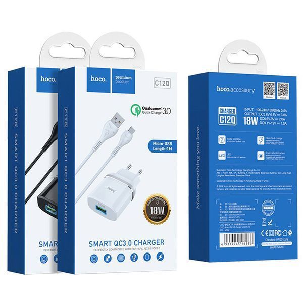 Мережевий зарядний пристрій Hoco C12Q Smart Quick Charge 3.0 + кабель MicroUSB 1USB / 3A Black 47047