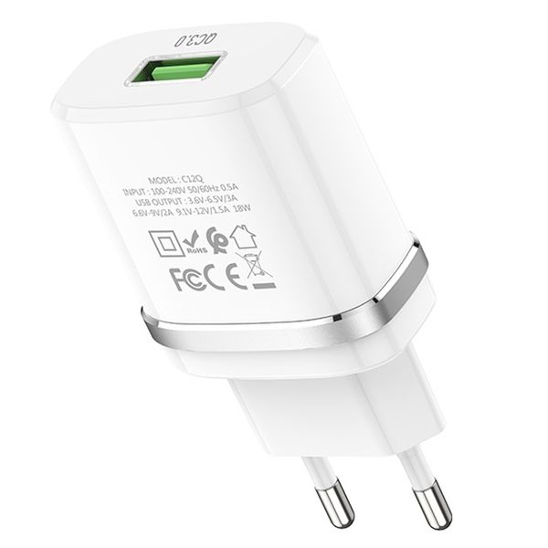 Мережевий зарядний пристрій Hoco C12Q Smart Quick Charge 3.0 1USB / 3A White 47048