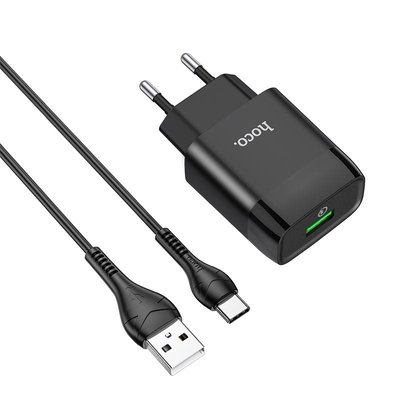 Сетевое зарядное устройство Hoco C72Q Qualcomm Quick Charge 3.0 + кабель Type-C 1USB / 18W Black 52207