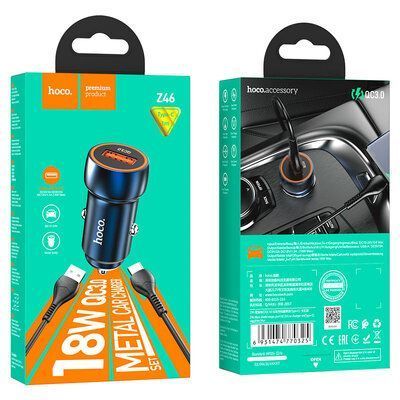 Автомобильное зарядное устройство Hoco Z46 Blue Whale QC3.0 1USB / 18W+кабель USB to Type-C Blue 83640
