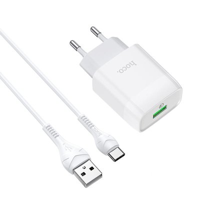 Мережевий зарядний пристрій Hoco C72Q Qualcomm Quick Charge 3.0 + кабель Type-C 1USB / 18W White 52208