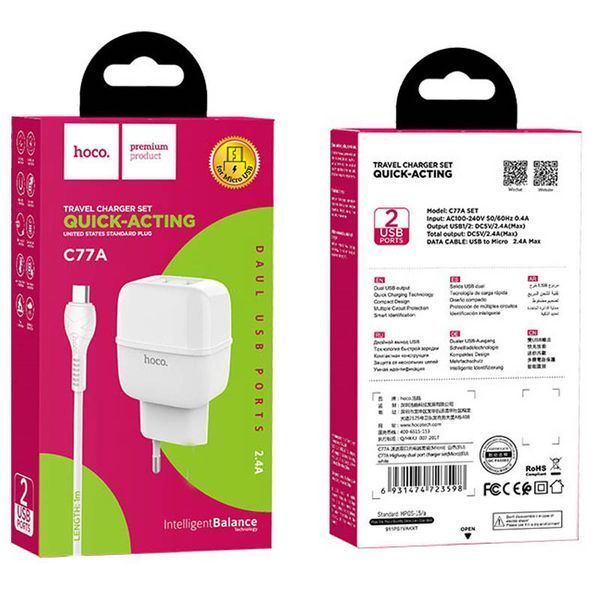 Мережевий зарядний пристрій Hoco C77A + кабель MicroUSB 2USB 2.4A White 47308