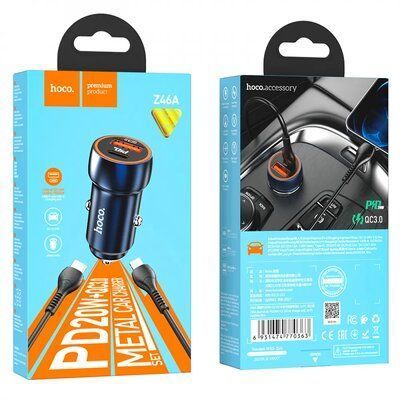 Автомобільний зарядний пристрій Hoco Z46A Blue Whale PD 20W + QC3.0 1USB / 1Type-C + кабель Type-C to Lightning Sapphire Blue 83641
