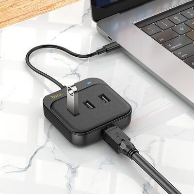 Адаптер Hoco HB35 Easy link 4в1 100Mbps Type-C to 3USB2.0+RJ45 0.2M Black 83843