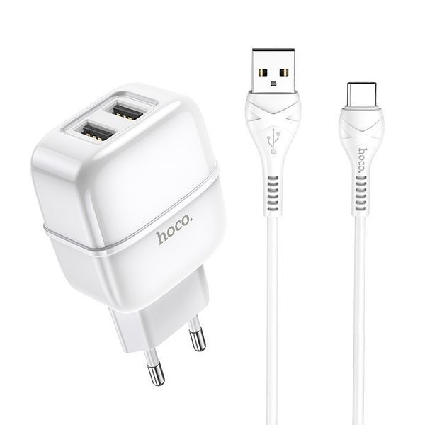 Мережевий зарядний пристрій Hoco C77A + кабель Type-C 2USB 2.4A White 47309