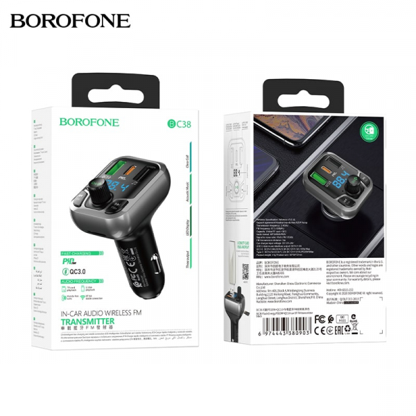 Автомобільний FM модулятор BOROFONE BC38 PD20W+QC3.0 2USB Black 85649