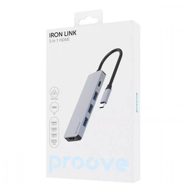 Адаптер USB-Хаб Proove Iron Link 5в1 3*USB3.0+Type-C+HDMI Silver 83506