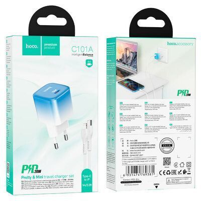 Сетевое зарядное устройство HOCO C101A PD20W Type-C+кабель Type-C to Lightning Ice Blue 83692