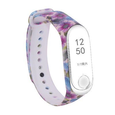 Ремешок с рисунком для Xiaomi Mi Band 3/4 Фиолетовые цветы / Бежевый 43689