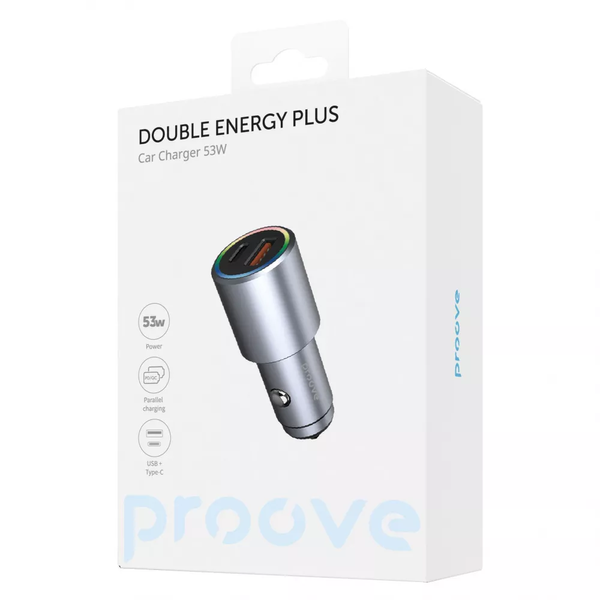 Автомобильное зарядное устройство Proove Double Energy Plus 53W USB + Type-C Metal gray 81307