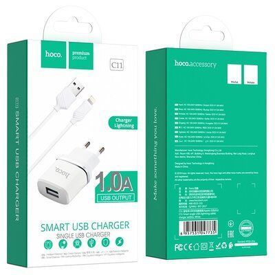 Зарядний пристрій HOCO C11 1USB+кабель USB to Lightning White 83693