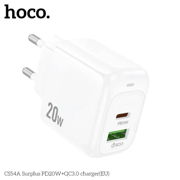 Мережевий зарядний пристрій HOCO CS54A Type-C+USB PD20W+QC3.0 White 86257