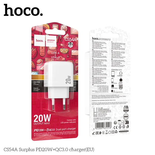 Мережевий зарядний пристрій HOCO CS54A Type-C+USB PD20W+QC3.0 White 86257