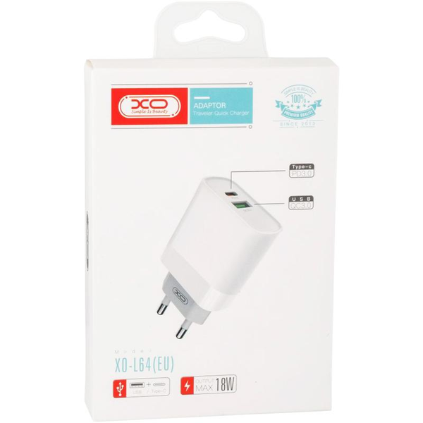 Мережевий зарядний пристрій XO L64 1USB + 1Type-C QC3.0+PD White 66859