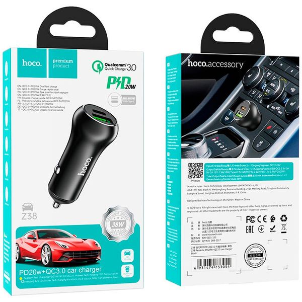 Автомобільний зарядний пристрій Hoco Z38 PD+Quick Charge 3.0 + Type-C 2USB / 20W Black 57719