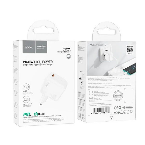 Мережевий зарядний пристрій HOCO C112A PD30W+QC3.0 1Type-C 3A White 85121