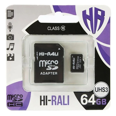 Карта памяти Hi-Rali MicroSDXC UHS-3 64GB Class 10 с адаптером Black 66358