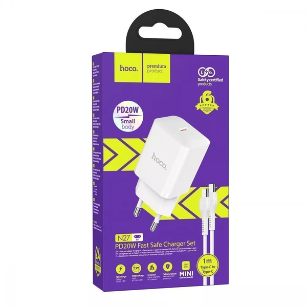 Мережевий зарядний пристрій Hoco N27 Innovative 20W 1 Type-C+кабель Type-C to Type-C White 81315