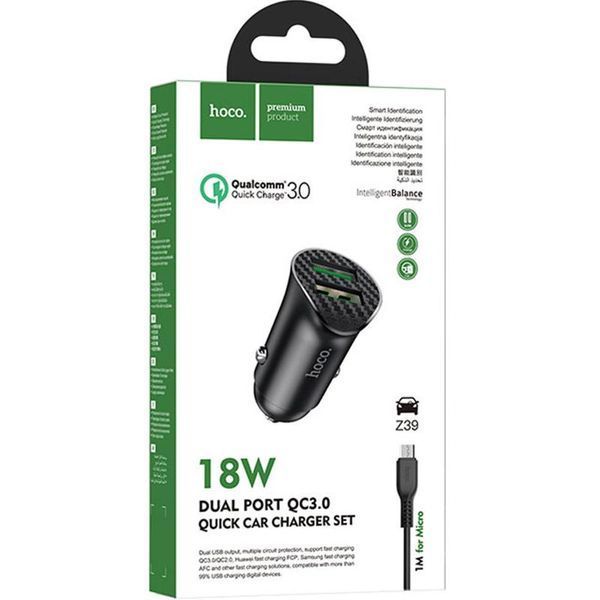 Автомобільний зарядний пристрій Hoco Z39 + Quick Charge 3.0 + USB Cable MicroUSB 2USB / 18W Black 57720