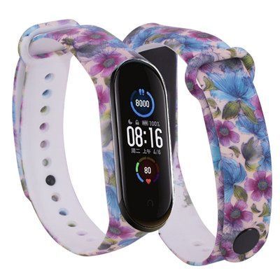 Ремешок с рисунком для Xiaomi Mi Band 5/6 Фиолетовые цветы / Бежевый 44117