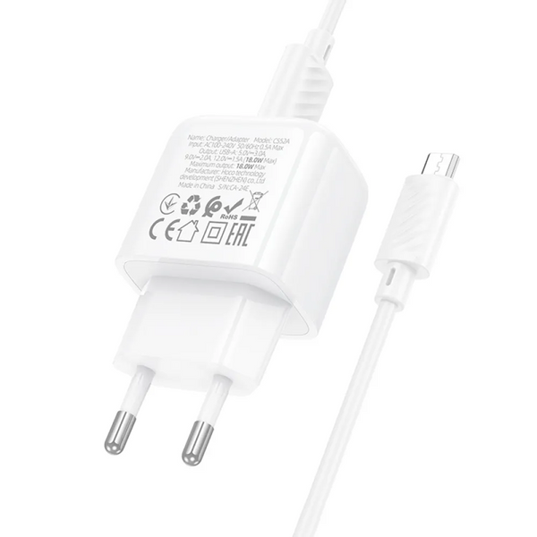Мережевий зарядний пристрій HOCO CS52A QC3.0 1USB 18W+кабель USB to MicroUSB White 88440
