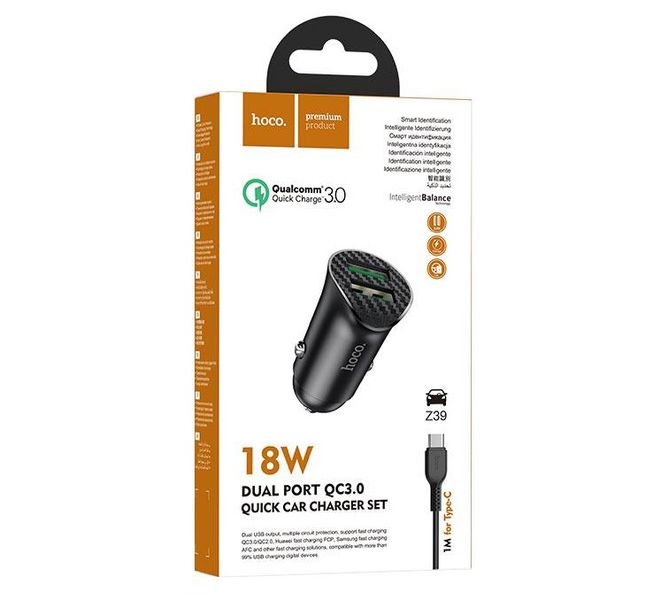 Автомобильное зарядное устройство Hoco Z39 + Quick Charge 3.0 + USB Cable Type-C 2USB / 18W Black 57721