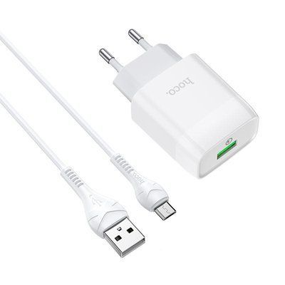 Мережевий зарядний пристрій Hoco C72Q Qualcomm Quick Charge 3.0 + кабель MicroUSB 1USB / 18W White 56229