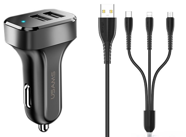 Автомобильное зарядное устройство Usams 3 in 1 2USB/ 2.4A Black 44672