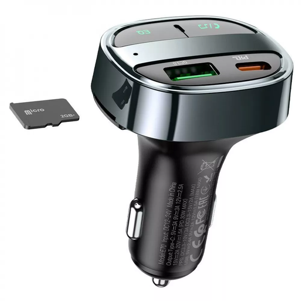 Автомобильный FM модулятор Hoco E70 Bluetooth PD30W USB + Type-C Black 80259